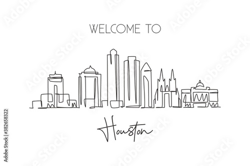 One continuous line drawing Houston city skyline, United States of America. Beautiful landmark. World famous city landscape poster. Editable stylish stroke single line draw design vector illustration