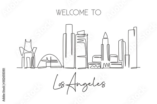 One continuous line drawing of Los Angeles city skyline  United States of America. Beautiful landmark. World travel vacation poster. Editable stylish stroke single line draw design vector illustration