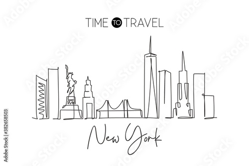 Single continuous line drawing of New York city skyline  USA. Famous city scraper and landscape. World travel concept home wall decor poster print art. Modern one line draw design vector illustration