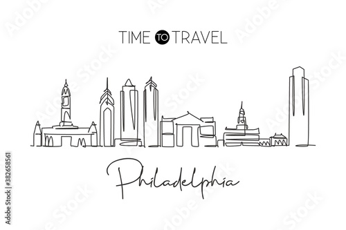 One single line drawing of Philadelphia city skyline, USA. Historical town landscape. Best holiday destination home art wall decor poster print. Trendy continuous line draw design vector illustration