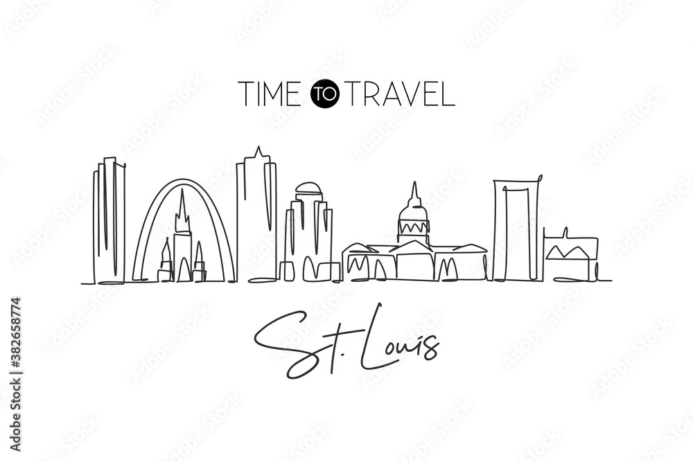 One continuous line drawing of St. Louis city skyline, USA. Beautiful landmark. World landscape tourism travel vacation wall decor art poster print. Stylish single line draw design vector illustration