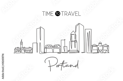 One single line drawing of Portland city skyline United States. Historical town landscape in the world. Best holiday destination. Editable stroke trendy continuous line draw design vector illustration