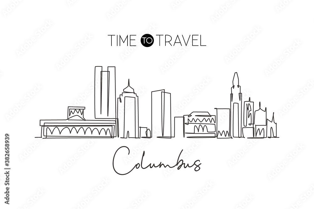 Single continuous line drawing of Columbus city skyline, USA. Famous city scraper and landscape. World travel concept home wall decor poster art print. Modern one line draw design vector illustration