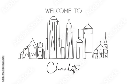 One continuous line drawing Charlotte city skyline United State. Beautiful landmark. World landscape tourism travel vacation poster. Editable stylish stroke single line draw design vector illustration