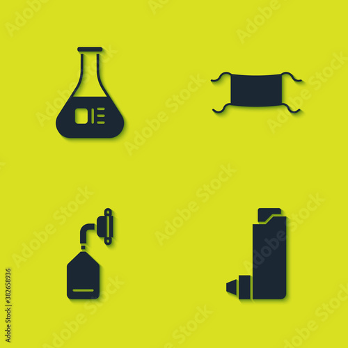 Set Test tube and flask, Inhaler, Medical oxygen mask and protective icon. Vector.