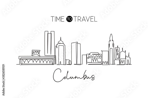 Single continuous line drawing of Columbus city skyline, USA. Famous city scraper and landscape. World travel concept home wall decor poster art print. Modern one line draw design vector illustration