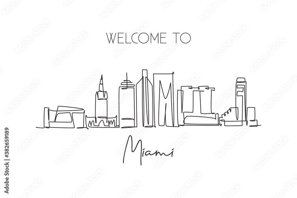 One single line drawing Miami city skyline, United States. Historical town landscape. Best holiday destination home wall decor poster print art. Trendy continuous line draw design vector illustration