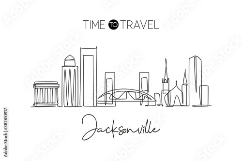 One single line drawing of Jacksonville city skyline, USA. Historical town landscape in world. Best holiday destination poster. Editable stroke trendy continuous line draw design vector illustration