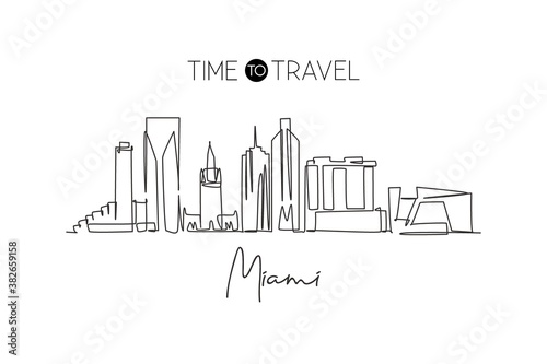 One continuous line drawing Miami city skyline  United States. Beautiful landmark. World landscape tourism travel vacation poster. Editable stylish stroke single line draw design vector illustration