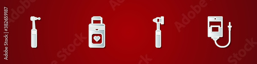 Set Tooth drill, Organ container, Medical otoscope tool and IV bag icon. Vector.