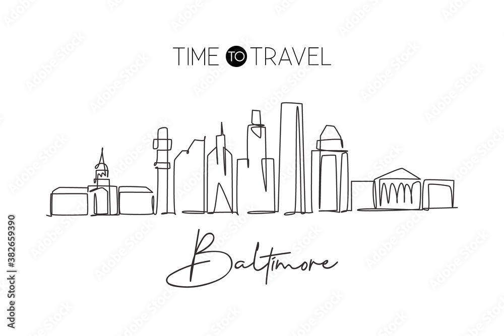 Single continuous line drawing Baltimore city skyline, United States of America. Famous city scraper. World travel concept wall decor poster print art. Modern one line draw design vector illustration