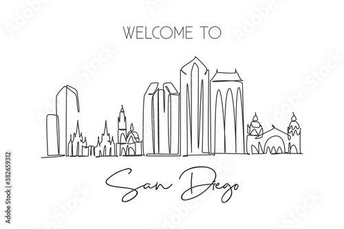 Single continuous line drawing of San Diego city skyline, USA. Famous city scraper and landscape. World travel concept home wall decor poster print art. Modern one line draw design vector illustration photo