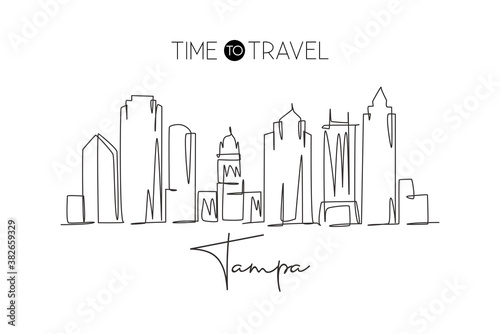 One continuous line drawing Tampa city skyline, United States. Beautiful landmark. World landscape tourism travel vacation poster. Editable stylish stroke single line draw design vector illustration