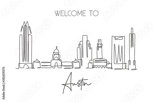One single line drawing of Austin city skyline, United States. Historical town landscape in the world. Best holiday destination. Editable stroke trendy continuous line draw design vector illustration