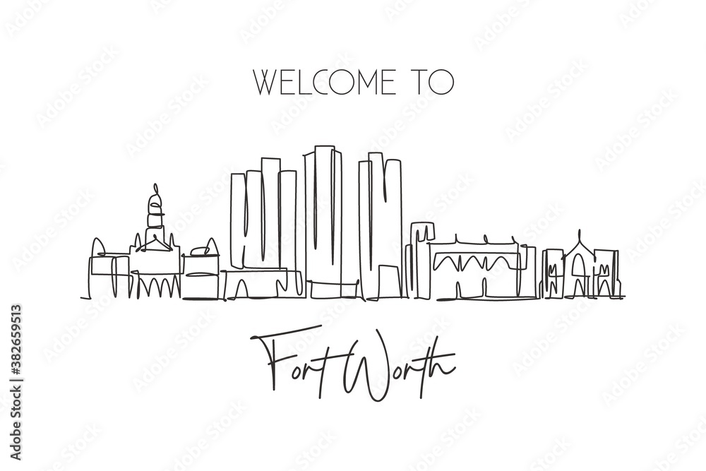 Single continuous line drawing of Fort Worth city skyline, United States of America. Famous landscape. World travel concept wall decor poster print art. Modern one line draw design vector illustration