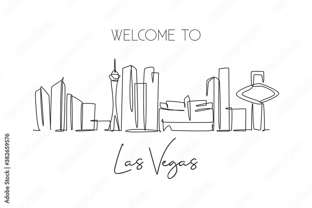 Single continuous line drawing of Las Vegas city skyline, USA. Famous city scraper and landscape. World travel concept poster print art. Editable stroke modern one line draw design vector illustration