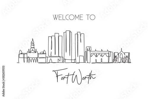 Single continuous line drawing of Fort Worth city skyline, United States of America. Famous landscape. World travel concept wall decor poster print art. Modern one line draw design vector illustration photo