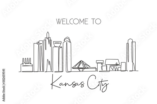 One single line drawing of Kansas city skyline, United States. Historical town landscape. Best holiday destination wall decor poster print art. Trendy continuous line draw design vector illustration