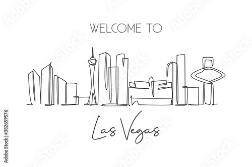 Single continuous line drawing of Las Vegas city skyline, USA. Famous city scraper and landscape. World travel concept poster print art. Editable stroke modern one line draw design vector illustration