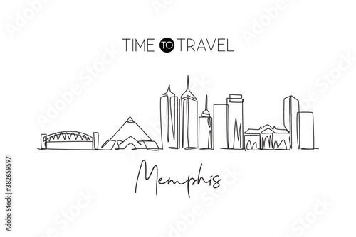 One single line drawing of Memphis city skyline, United States. Historical town landscape in the world. Best holiday destination. Editable stroke trendy continuous line draw design vector illustration