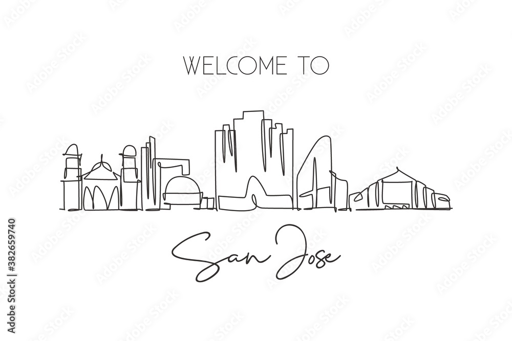 One continuous line drawing San Jose city skyline, California. Beautiful landmark. World tourism travel vacation home wall decor poster print art. Stylish single line draw design vector illustration One continuous line drawing San Jose city skyline, California. Beautiful landmark. World tourism travel vacation home wall decor poster print art. Stylish single line draw design vector illustration