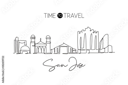 One single line drawing of San Jose city skyline  California. Historical town landscape in the world. Best holiday destination. Editable stroke trendy continuous line draw design vector illustration