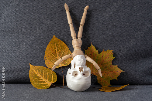 A funny wooden man stands upside down with a skull instead of a head and autumn leaves. Spooktober concept, halloween celebration. Replaced body with skeleton - scary Halloween theme. photo