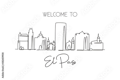 One single line drawing of El Paso city skyline, Texas. Historical town landscape. Best holiday destination home wall art decor poster print. Trendy continuous line draw design vector illustration