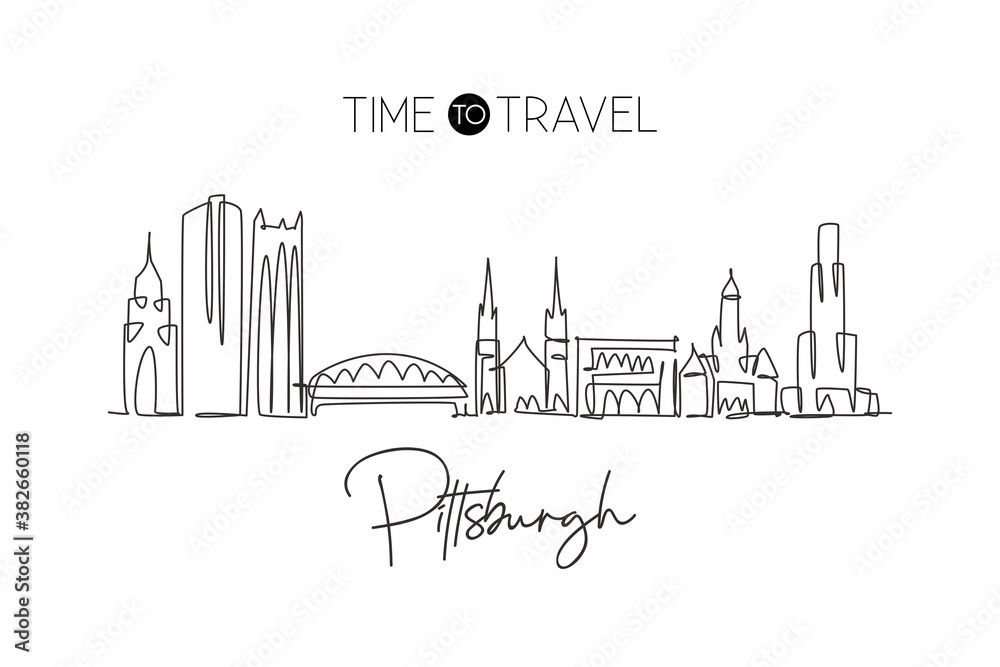 Single continuous line drawing of Pittsburgh city skyline, Pennsylvania. Famous city landscape. World travel concept home wall decor print poster art. Modern one line draw design vector illustration