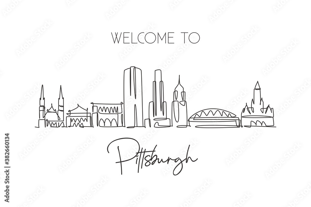 One single line drawing of Pittsburgh city skyline, Pennsylvania. Historical town landscape in world. Best holiday destination. Editable stroke trendy continuous line draw design vector illustration