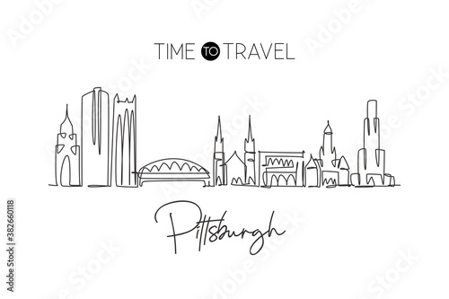 Single continuous line drawing of Pittsburgh city skyline, Pennsylvania. Famous city landscape. World travel concept home wall decor print poster art. Modern one line draw design vector illustration