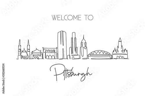 One single line drawing of Pittsburgh city skyline  Pennsylvania. Historical town landscape in world. Best holiday destination. Editable stroke trendy continuous line draw design vector illustration