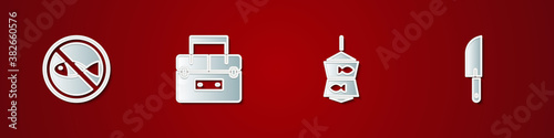 Set No fishing, Case container for wobbler, Fishing net with and Knife icon. Vector.