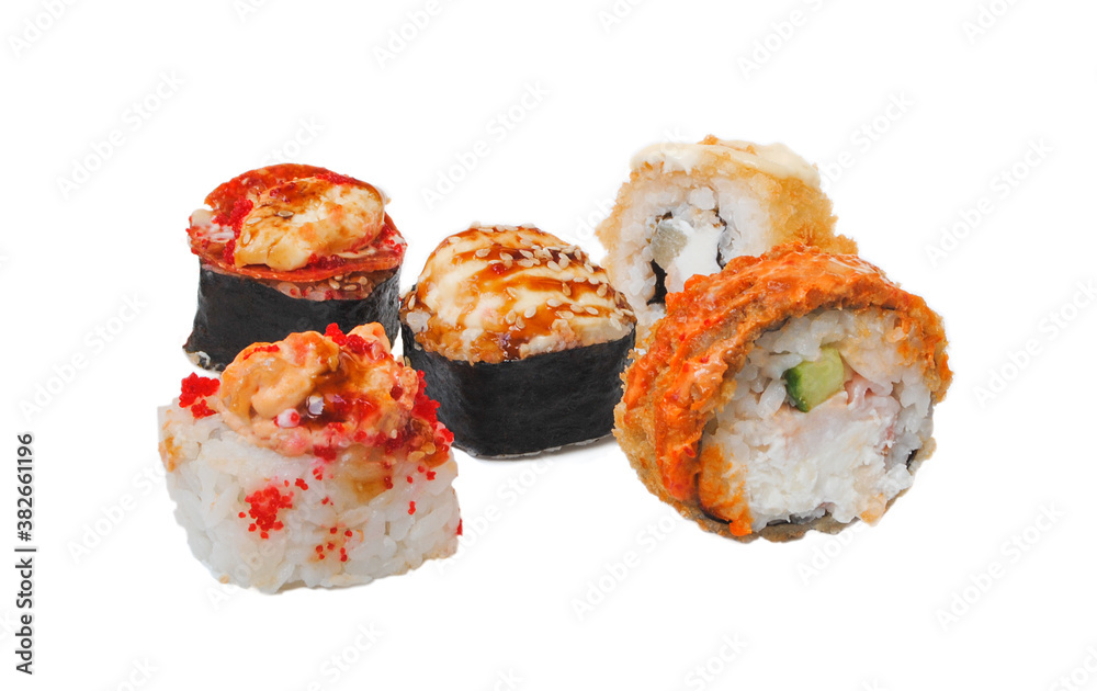 Sushi rolls set isolated on white background side view Sushi rolls set isolated on white background side view