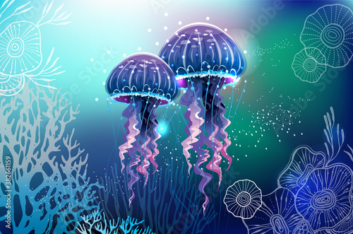 Fotografie, Obraz Vivid neon light illustration of jellyfish