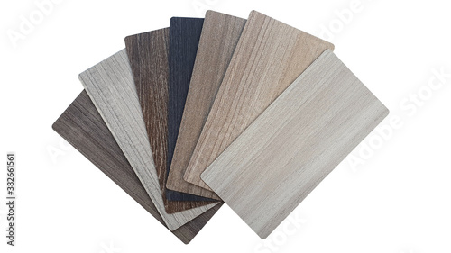 wooden texture laminated samples chart for interior design isolated on white background with clipping path. photo