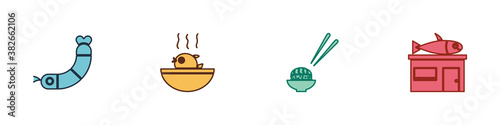 Set Shrimp, Puffer fish soup, Sushi and Seafood store icon. Vector.