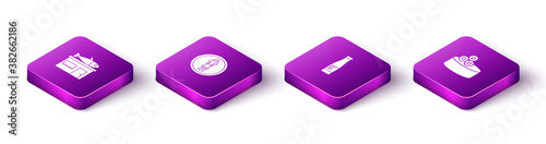 Set Isometric Seafood store, Octopus on plate, Sauce bottle and Tin can with caviar icon. Vector.