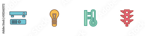 Set Multimedia and TV box, Light bulb, Meteorology thermometer and Traffic light icon. Vector.