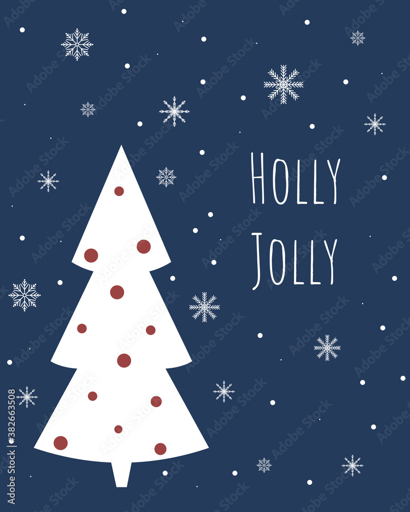 Vector festive card with greetings. Illustration with christmas tree and snowflakes.