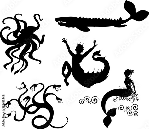 Set of black silhouettes of sea mythological creatures: hydra, kraken, mermaid, echeneis
