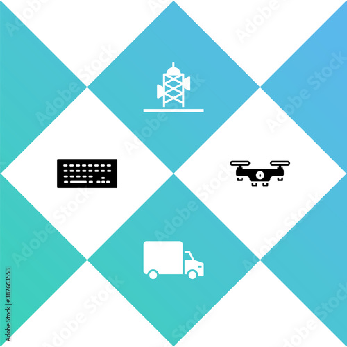 Set Keyboard, Delivery cargo truck, Antenna and Drone flying icon. Vector.