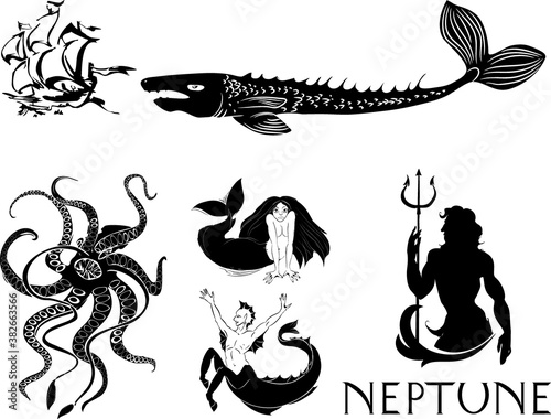Set of black silhouettes of sea mythological creatures: neptune, kraken, mermaid, echeneis
