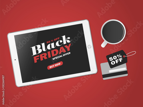 Online shopping concept. Black friday. Big sale. Workspace with tablet, credit card and cup of coffee. Top view, flat lay. Vector illustration