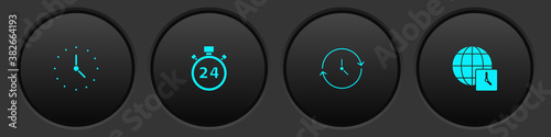 Set Clock, Stopwatch 24 hours, and World time icon. Vector.