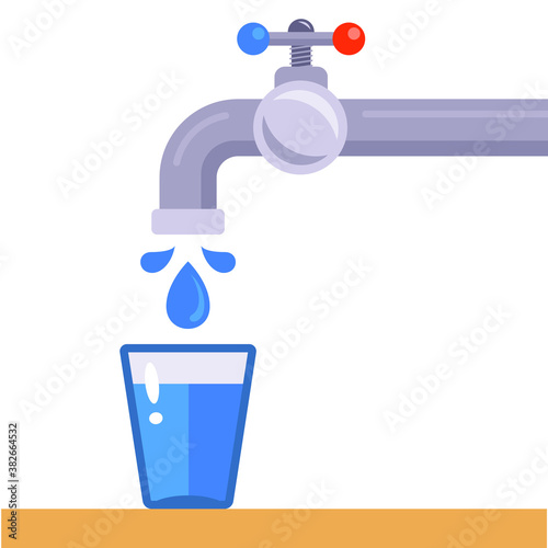 pour into a glass of clean drinking water from the tap. flat vector illustration isolated on white background.