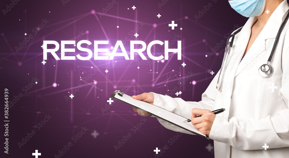 Doctor fills out medical record with RESEARCH inscription, medical concept Doctor fills out medical record with RESEARCH inscription, medical concept