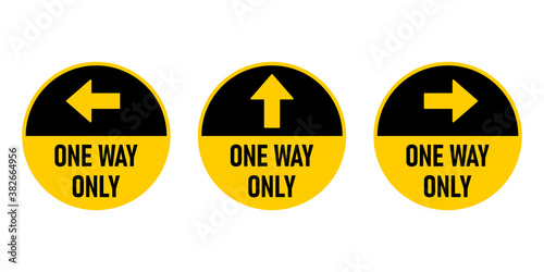 Set of One Way Only Round Floor Marking Adhesive Sticker Icon with Direction Arrow and Text. Vector Image.