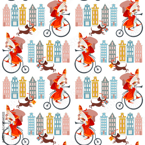 Santa Claus (Sinterklaas) on a vintage bicycle with a bag of gifts. Christmas in Holland. Seamless background pattern.