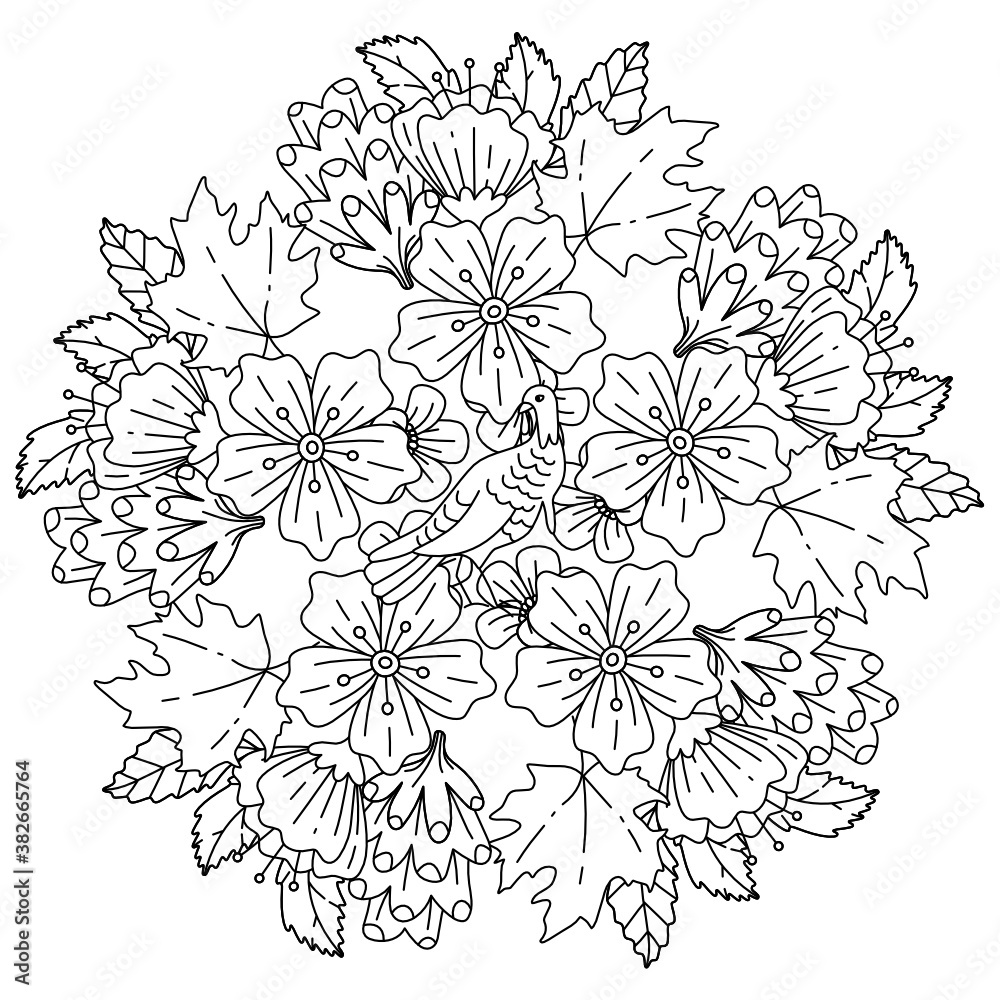 Mandala Circular Pattern. Leafs Plants and Flowers in Monochrome colors. Doodles pattern. Decorative pattern in a natural style. Coloring book page.
